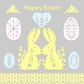 Set of paper cut festive symbols Holiday spring Easter signs egg, rabbit, heart, tree in pink, yellow, gray, blue colors