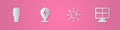 Set paper cut LED light bulb, Lightning bolt, Solar energy panel and icon. Paper art style. Vector Royalty Free Stock Photo