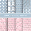 Set of paper cut seamless patterns with wrench, anchor, envelope, clock, notes, hearts, houses on blue and pink