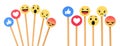 Set of paper Facebook like button Empathetic Emoji Reactions on wooden sticks, isolated on transparent background Royalty Free Stock Photo