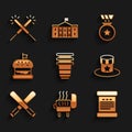 Set Paper glass, Barbecue grill, Declaration of independence, Patriotic American top hat, Crossed baseball bat, Burger