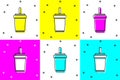 Set Paper glass with drinking straw and water icon isolated on color background. Soda drink glass. Fresh cold beverage Royalty Free Stock Photo