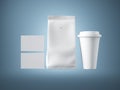 Set of paper package, coffee cup and two blank business cards. Blue background. 3d render Royalty Free Stock Photo