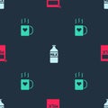 Set Paper package for milk, Bottle with and Coffee cup and heart on seamless pattern. Vector Royalty Free Stock Photo