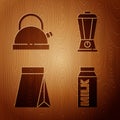 Set Paper package for milk, Kettle with handle, Bag of coffee beans and Blender on wooden background. Vector Royalty Free Stock Photo