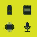 Set Paper package for milk, Microphone, Processor with CPU and Notebook icon. Vector