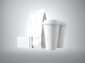 Set of paper package, take away cups and two blank business cards. Studio shooting. 3d render Royalty Free Stock Photo