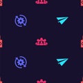 Set Paper plane, Gear and arrows as workflow, Project team base and Remote control on seamless pattern. Vector