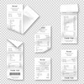 Set of paper receipts isolated on background. Realistic paper receipt, check and payment bill printed on rolled and curved thermal