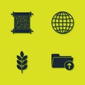 Set Paper scroll, Download arrow with folder, Wheat and Earth globe icon. Vector Royalty Free Stock Photo
