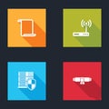 Set Paper scroll, Router and wi-fi, Server with shield and Diploma rolled icon. Vector