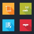 Set Paper scroll, Router and wi-fi, Server with shield and Diploma rolled icon. Vector Royalty Free Stock Photo