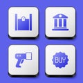 Set Paper shopping bag, Bank building, Scanner scanning bar code and Buy button icon. White square button. Vector Royalty Free Stock Photo