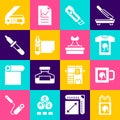 Set Paper shopping bag, Coffee cup, T-shirt, Stationery knife, Roll paper, Pipette, Scanner and Stamp icon. Vector