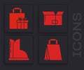 Set Paper shopping bag, Gift box, Carton cardboard box and Waterproof rubber boot icon. Vector Royalty Free Stock Photo