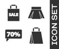 Set Paper shopping bag, Shoping bag with Sale, Seventy discount percent tag and Skirt icon. Vector Royalty Free Stock Photo