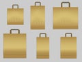 Set of golden paper shopping bags with handles, vector mock up