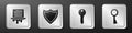 Set Paper shredder, Shield, Key and Old key icon. Silver square button. Vector Royalty Free Stock Photo