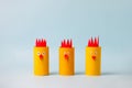 Set of Paper yellow chicken for Happy Easter seasonal party. Easy craft for kids on blue background, simple diy idea from toilet