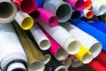 Set of papers and vinyl of various colors rolled Royalty Free Stock Photo