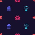 Set Parachute, Cloud with rain, Aircraft steering helm and Pilot hat on seamless pattern. Vector