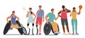 Set of Paralympic Athletes, Disabled Sportsmen and Sportswomen Characters on Wheelchair, Bionic Leg Prosthesis