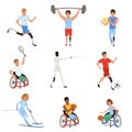 Set of Paralympics athletes with physical disabilities. Smiling men and women taking part in various sports games