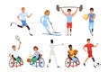 Set of Paralympics athletes with physical disabilities. Smiling men and women taking part in various sports games