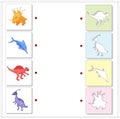 Set of parasaurolophus, styracosaurus, ichthyosaurus and spinosaurus. Educational game for kids Royalty Free Stock Photo