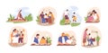 Set of parents helping children do homework. Learning, studying process at home. Family read books, play football, write Royalty Free Stock Photo