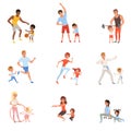Set with parents and their children doing different sport exercises. Family time. Physical activity and healthy Royalty Free Stock Photo