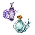 Set of parfume bottles with water splash watercolor illustration isolated Royalty Free Stock Photo