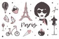 Set of Paris and France elements - stylish Parisian woman, perfume, french croissant, Eiffel Tower, glass of champagne