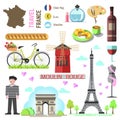 Set of Paris/french symbols and landmarks. France vector illustrations. Travel icons: Triumphal Arch and Eiffel Tower, wine Royalty Free Stock Photo