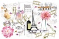 Set of Paris illustrations with fashion girls, cafes and musicians.