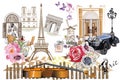 Set of Paris illustrations with Paris symbols.