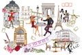 Set of Paris illustrations with Paris symbols.