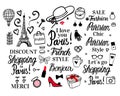 Set Paris lettering type. French Style woman Fashion black illustration woman. Vector hand sketch. Clothing, hat, shoes