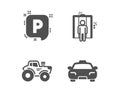 Parking, Elevator and Tractor icons. Taxi sign. Auto park, Lift, Farm transport. Passengers transport. Vector