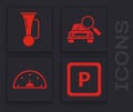 Set Parking, Signal horn on vehicle, Car search and Speedometer icon. Vector Royalty Free Stock Photo