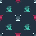 Set Parthenon, Ancient lyre and ruins on seamless pattern. Vector