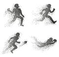 Set of particle divergent silhouettes of american football players.