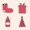 Set Party hat, Baby socks clothes, Gift box and Baby bottle icon. Vector Royalty Free Stock Photo