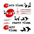 Set of Party time icons and calligraphy. Dancing feet. Vector Illustration.