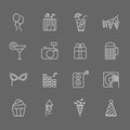 Set of Party Vector Line Icons. Includes gift, music, cake, cocktail and more. In gray background