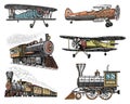 Set of passenger train and airplanes corncob or plane aviation travel illustration. engraved hand drawn in old sketch