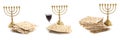 Set with Passover matzos, red wine and menorahs on white background, banner design. Pesach celebration Royalty Free Stock Photo