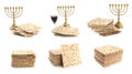 Set with Passover matzos, red wine and menorahs on white background, banner design. Pesach celebration Royalty Free Stock Photo