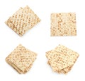 Set with Passover matzos on white background, top view. Pesach celebration Royalty Free Stock Photo