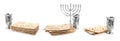 Set with Passover matzos, wine and menorah on white background, banner design. Pesach celebration Royalty Free Stock Photo